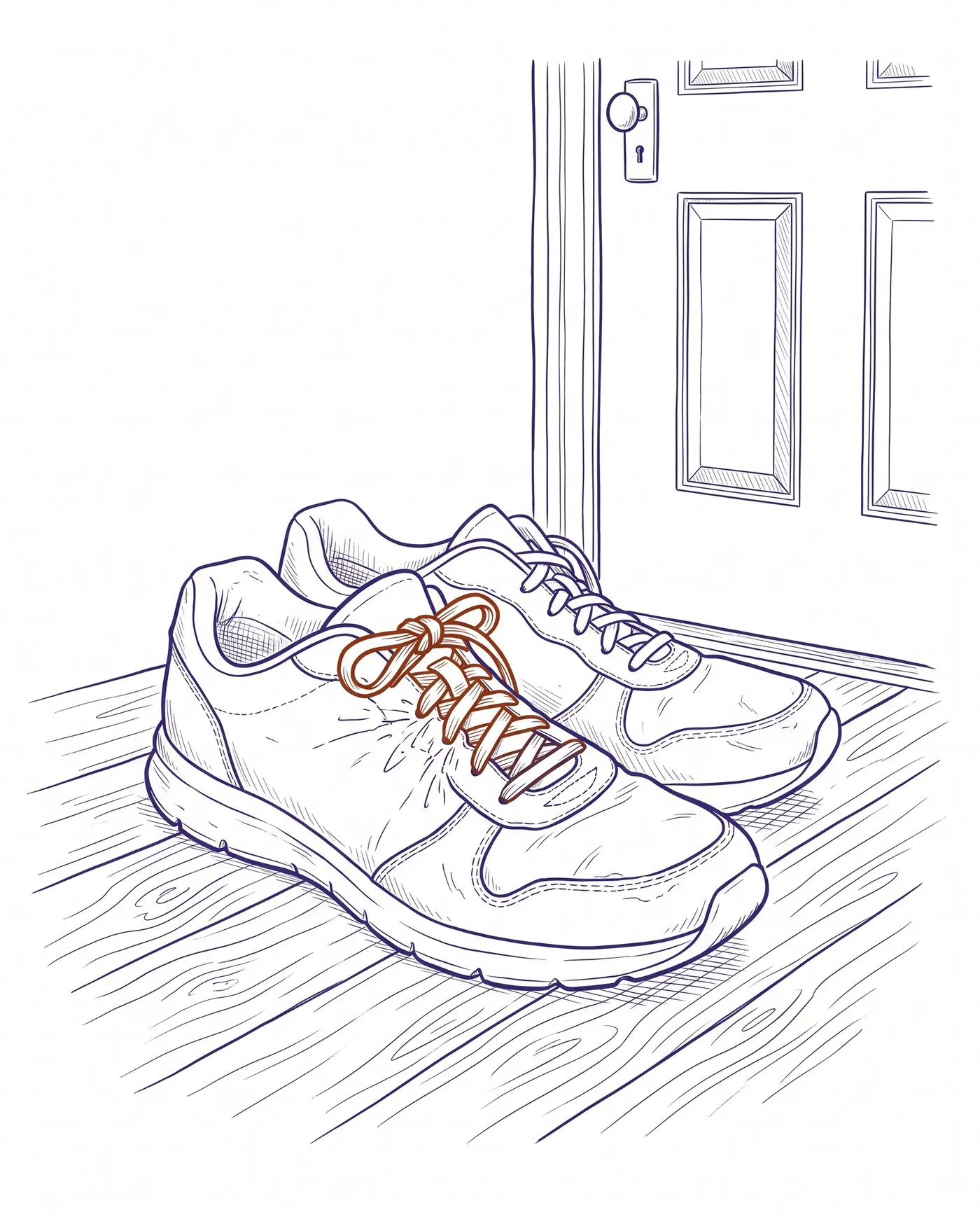 Disegno a inchiostro: un paio di scarpe da corsa ferme accanto alla porta di casa, con i lacci di una scarpa annodati stretti, in arancio.